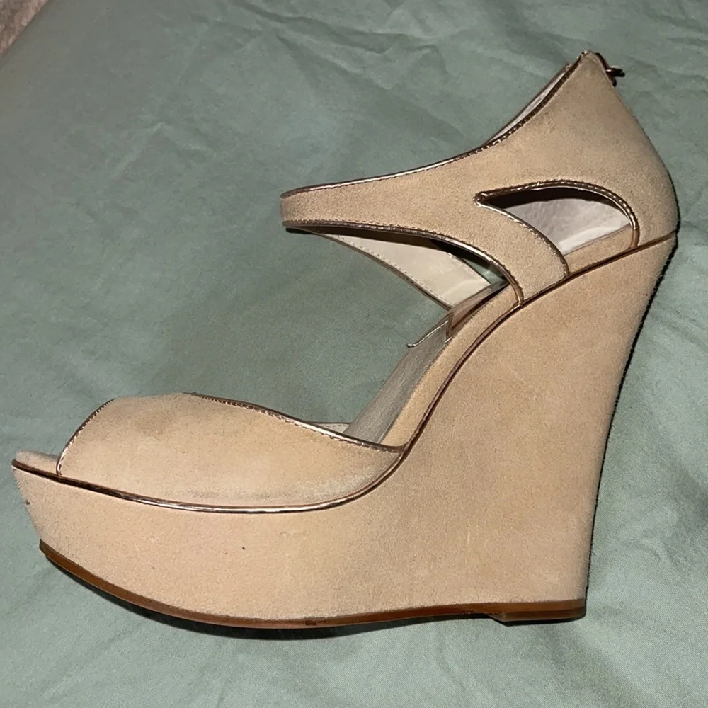 Michael Kors Nude Tan Suede Wedge Sandals - Picture 3 of 5